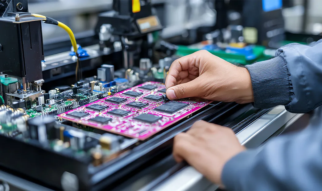 Technician installing microchip on industrial circuit board